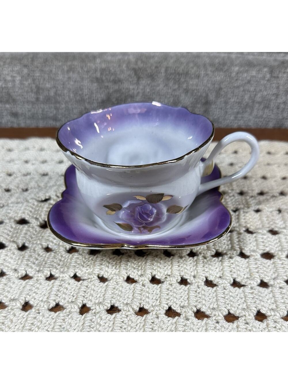 Vtg Tea Cup Purple Flower on White with Square Scalloped Saucer Victorian